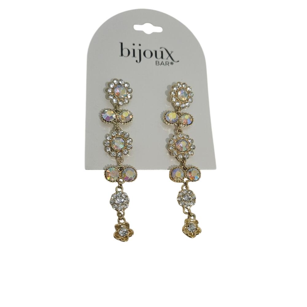 Bijoux Bar Gold Tone AB Rhinestone Long Dangle Statement Earrings NWT $28